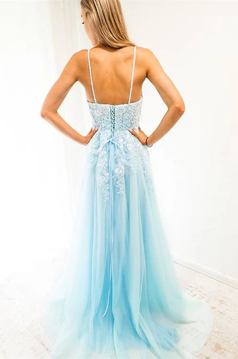Blue A-line Spaghetti Strap Long Prom Dress with Appliques cg13129