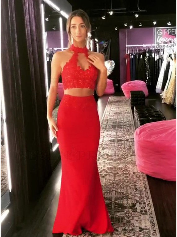 Two Piece Halter Long Red Mermaid Prom Dress with Appliques cg13130