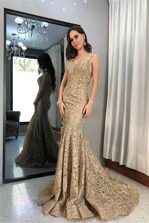 Vintage Mermaid Prom Dress Sweep Train Sleeveless V Neck Party Dress cg13139