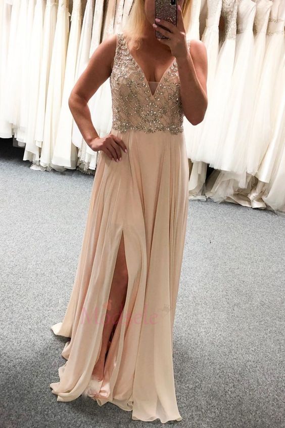 Peach V Neck Chiffon Long Prom Dress with Slit cg13151