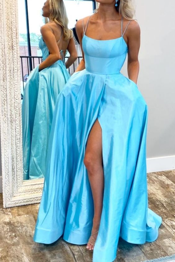 sexy blue prom dress with pockets, side slit long prom dress cg13152