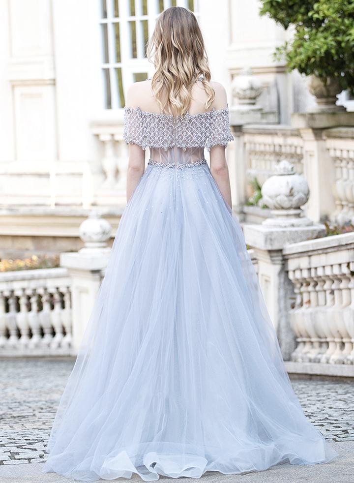 Gray tulle beads long prom dress evening dress cg13172