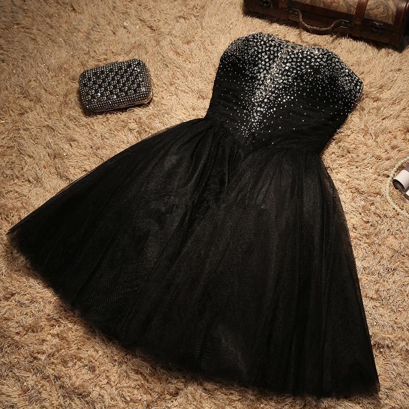 Black Sparkle Beaded Sweetheart Tulle Black Homecoming Dress cg13176