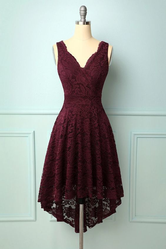 Burgundy V-Neck Lace Homecoming Dress cg13181