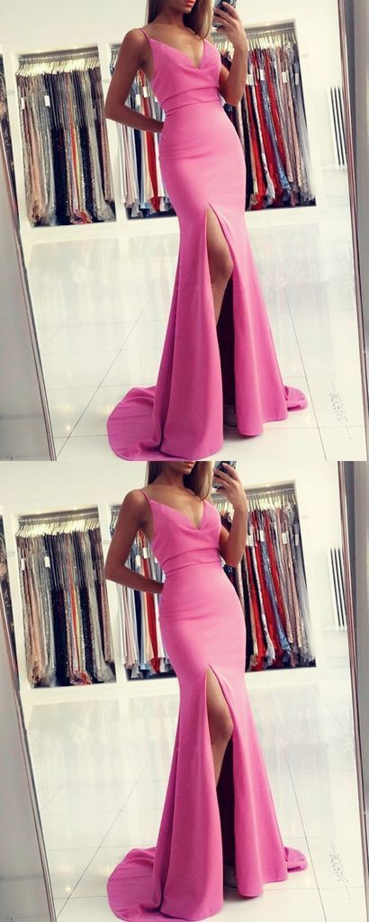 pink mermaid prom dresses satin split evening gown with cowl neckline cg13190