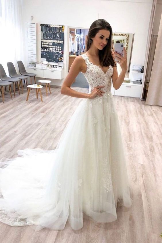 Elegant White v neck tulle lace long prom dress lace formal dress cg13195