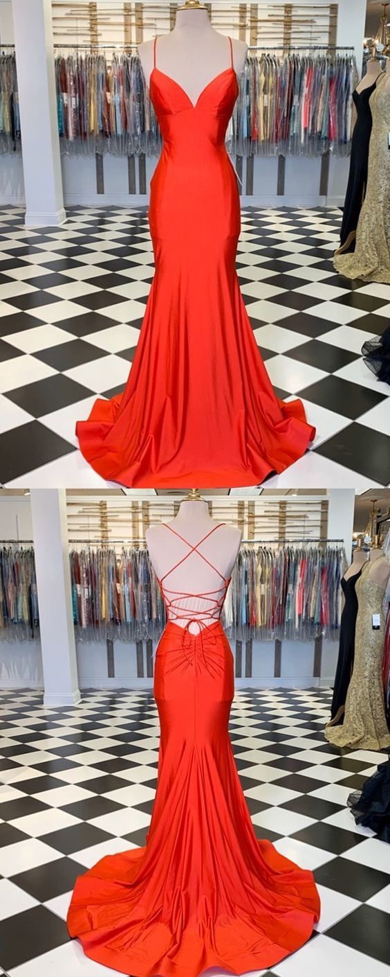 Simple Spaghetti Straps Orange Satin Mermaid Prom Dress cg13217