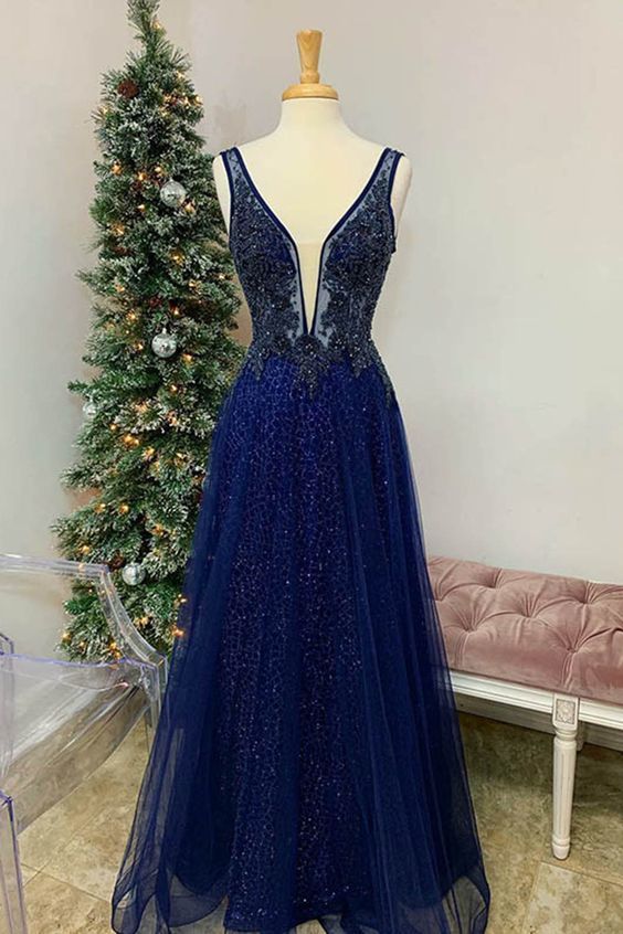 Navy Blue Long Prom Dresses Couture Ball Gowns Pageant V Neck Tulle Beaded Formal Dance Dress cg13219