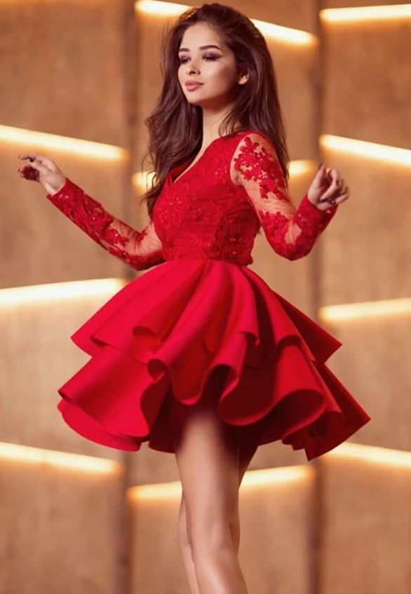 Long Sleeves Red Lace Formal Graduation Homecoming Dress cg13224