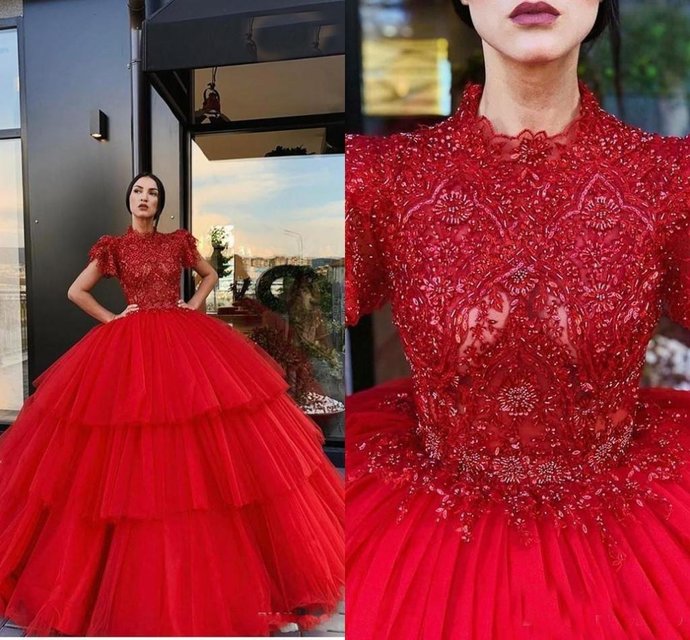 Red Quinceanera Dresses High Neck Short Sleeves Lace Appliques Crystal Beads Ball Gown Puffy Tiered Sweet 16 Party Prom Evening Gown cg13225