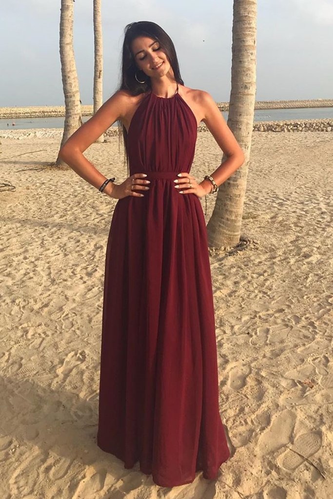A Line Halter Neck Burgundy Long Prom Dress, Halter Neck Burgundy Formal Graduation Evening Dress, Burgundy Bridesmaid Dress cg13229