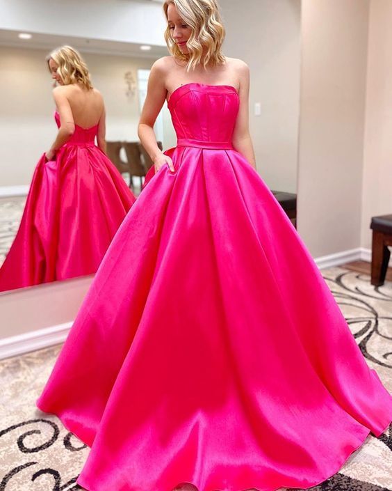 Simple Strapless Satin Prom Dress with Pockets cg13231