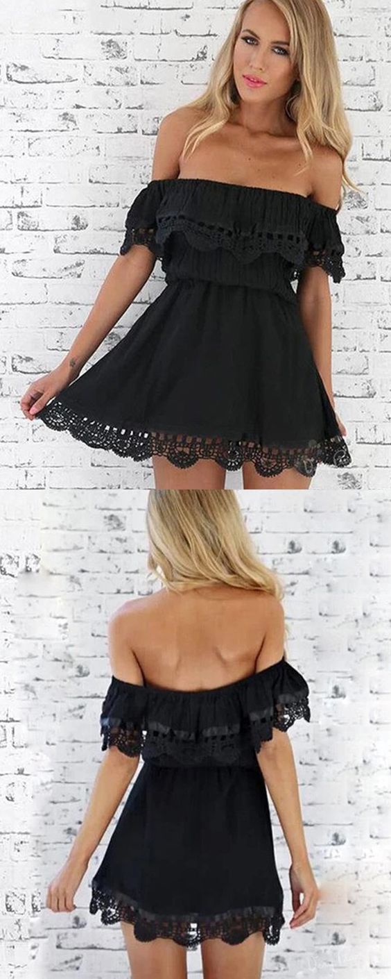 Off the Shoulder Black Short Homecoming Dress with Lace Hems cg13239