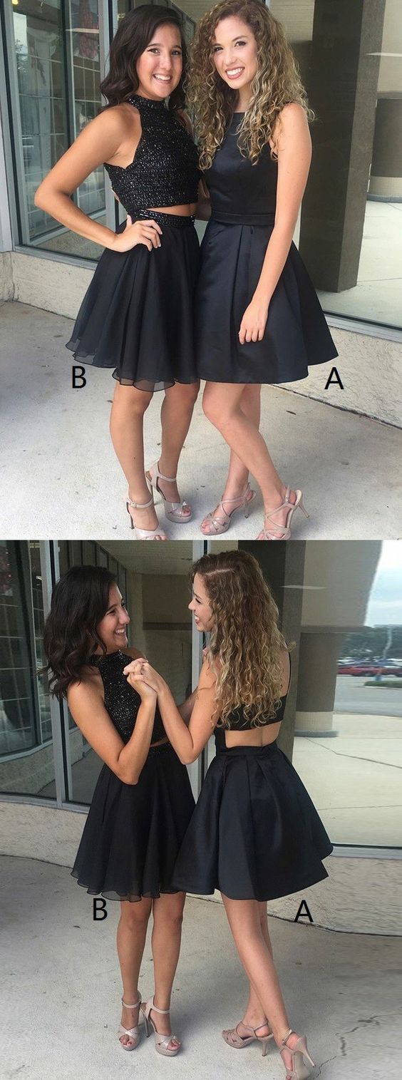 (Dress A) A-Line Bateau Short Satin Black Homecoming Dress Cut Out Back cg13240