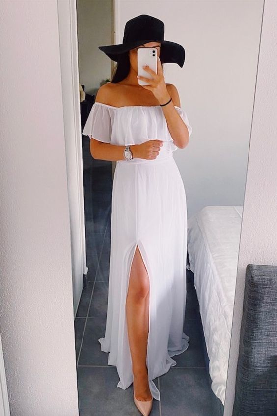 Off the Shoulder White Chiffon Long Formal prom Dress cg13244