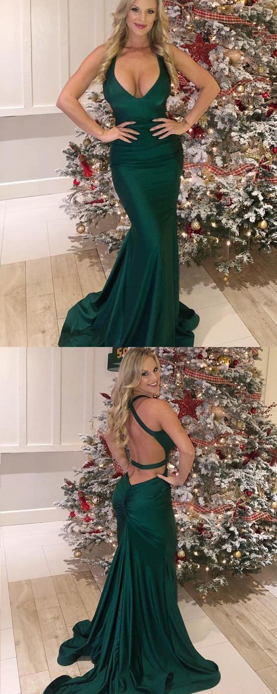green halter satin mermaid evening dress, simple green long prom dress cg13249