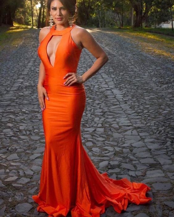 Simple High Neck Orange Cutout Satin Mermaid Prom Dress cg13251