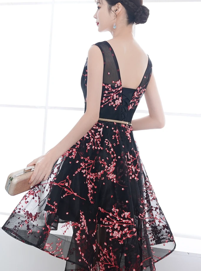 Adorable Black Floral High Low Homecoming Dress cg13256