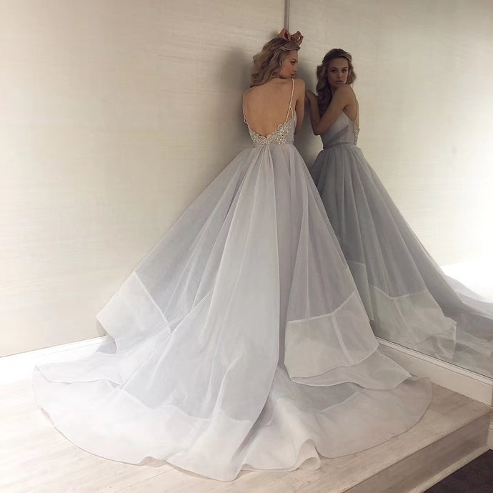 Sexy Backless Straps Gray Tulle Beading Ball Gown Prom Dress Graduation Party Gowns cg13297