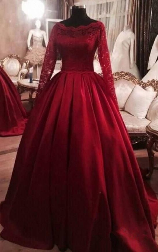 Wine red princess ball prom gown, lace long sleeves, evening dress cg13299