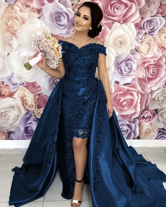 navy blue prom dresses pearl beaded off the shoulder cg13342