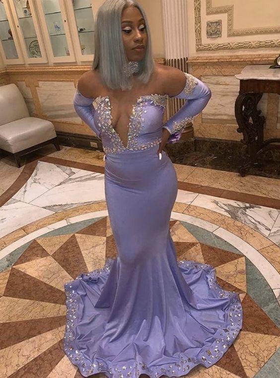 Mermaid Satin Off the Shoulder Long Sleeve Crystal Prom Dress cg13351