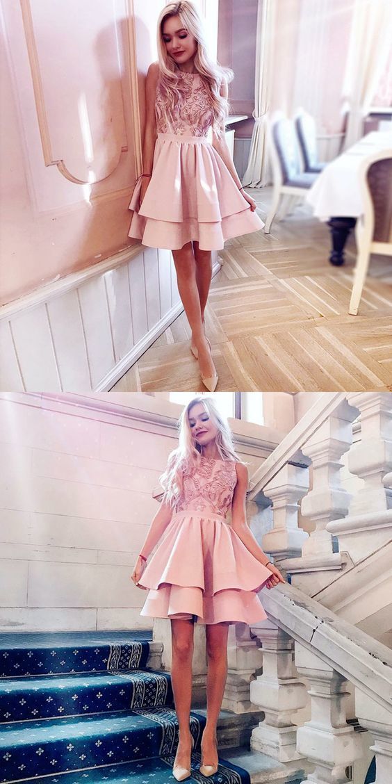 A-Line Round Neck Tiered Pink Homecoming Dress with Lace cg1336