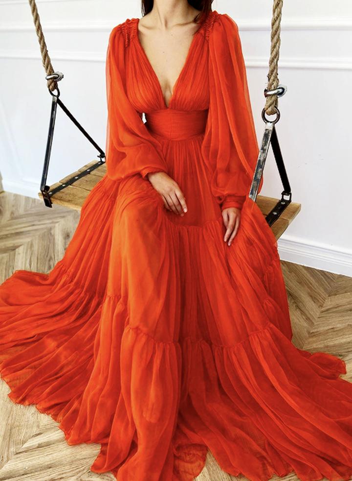 Red v neck long prom dress long sleeve dress   cg13368