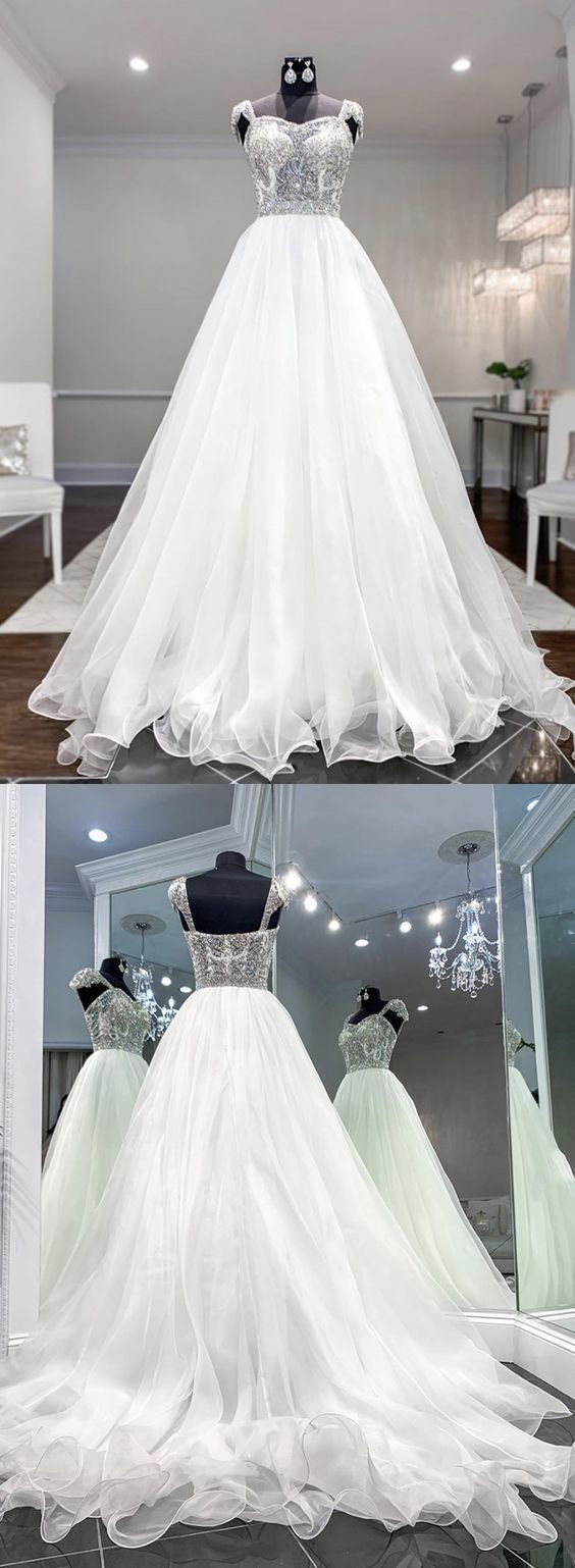 White sweetheart neck beads long prom gown cg13380