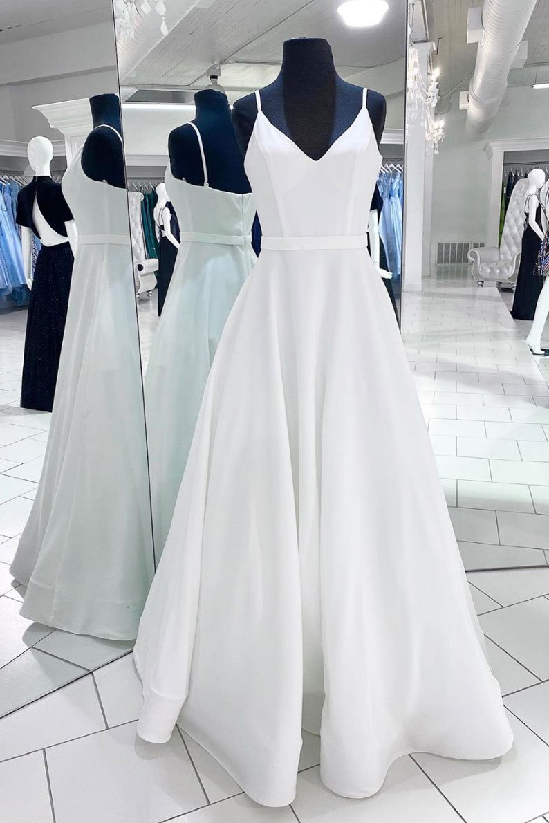 White v neck satin long prom dress white evening dress cg13389