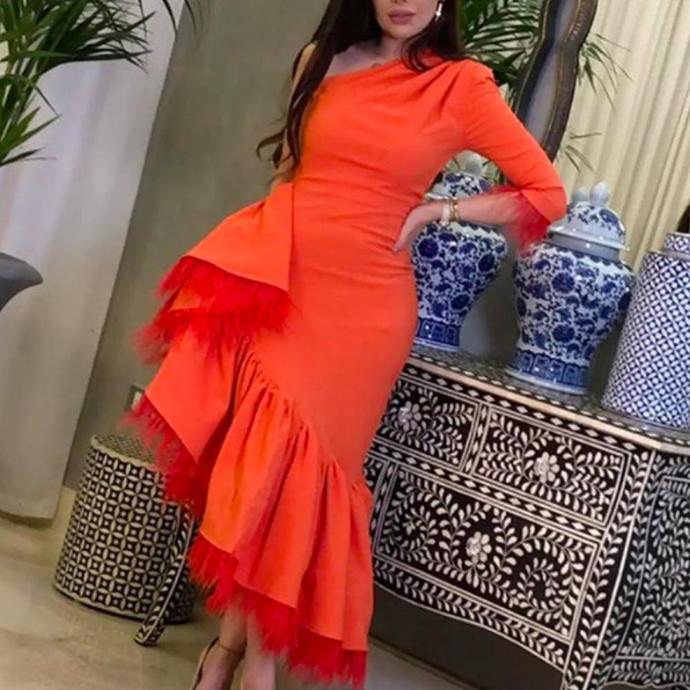 2021 one shoulder long sleeve ruffle feather mermaid long evening dresses prom gowns cg13397