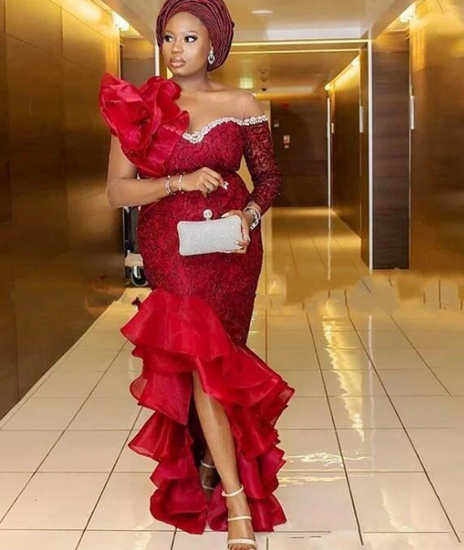 Mermaid Evening Dresses Lace Appliques Formal Prom Dress African Organza Ruffles One Shoulder Long Sleeve Formal Dress cg13403