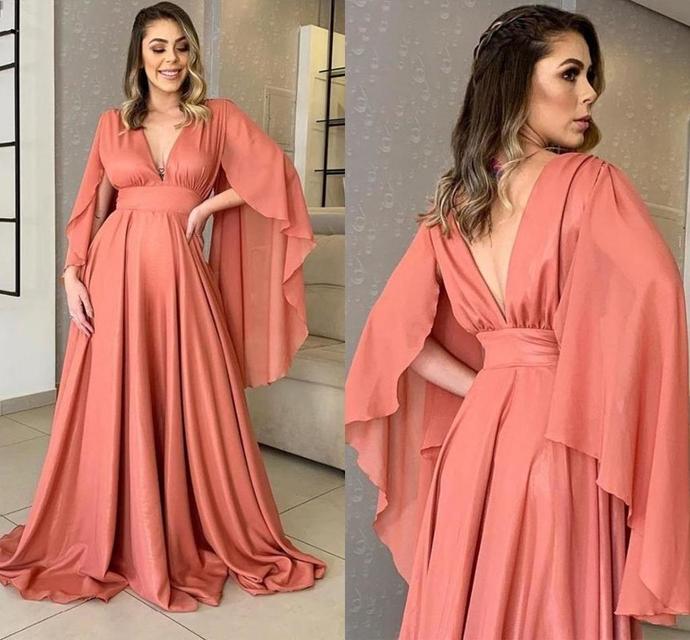 Coral Long Sleeve Evening Dresses 2021 Large Size V Neck A Line Chiffon Formal Party Gowns Backless Women Prom Dress cg13406