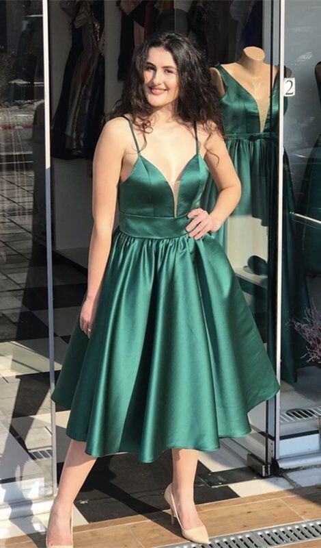 elegant tea length evening dress green satin prom gown cg13418