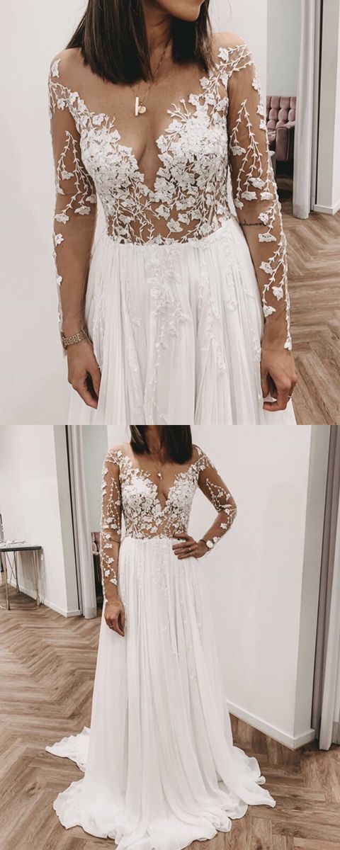 Elegant long sleeves beach wedding dress lace appliques boho gown for bride prom gown cg13419