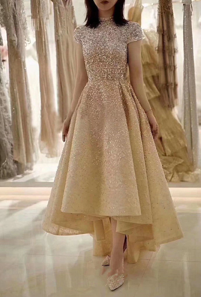 Gold Prom Dress,A-Line Prom Gown,O-Neck Evening Dress,Beading Prom Gown cg13429