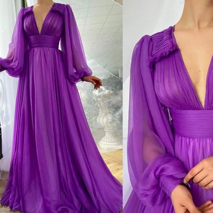 purple prom dresses 2020 deep v neck pleats long sleeve a line chiffon long evening dress cg13436