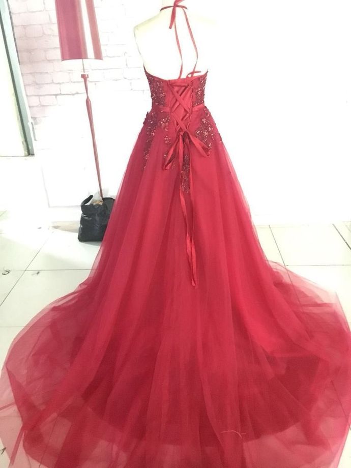 Sexy A-Line Halter Long Burgundy Tulle Prom Dresses Backless Floor Length Formal Party Dresses cg13441