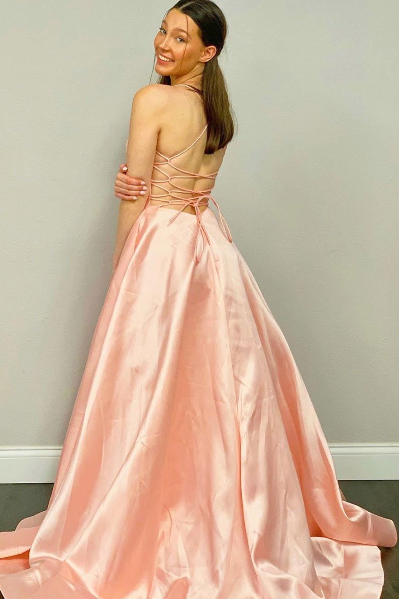 Simple pink v neck satin long prom dress pink evening dress cg13448