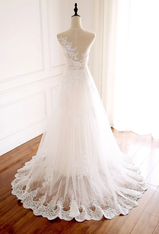 WHITE ROUND NECK TULLE LACE LONG PROM DRESS WHITE TULLE WEDDING DRESS cg13475