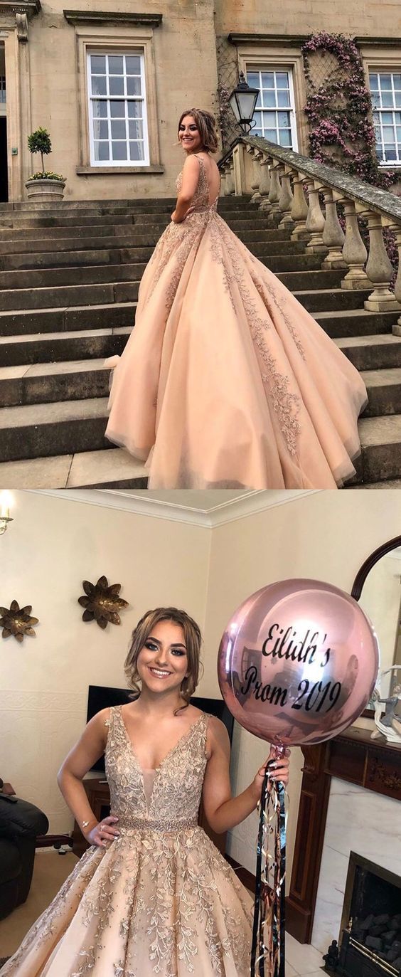 Lace Appliques Tulle Prom Ball Gowns V Neck Evening Dresses cg13510