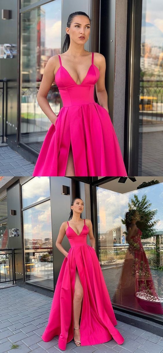 Sexy V-neck Long Prom Dresses with Pockets and Slit cg13514