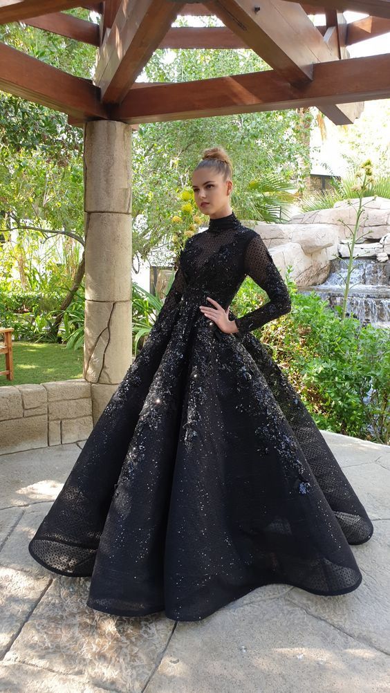 Black Long Sleeves Prom Dress, Ball Gown cg13515