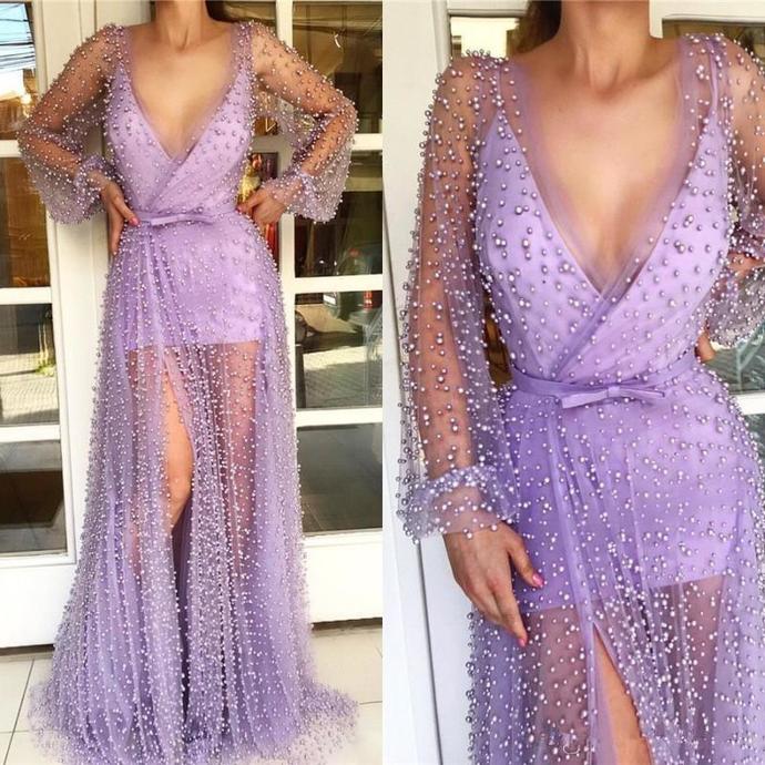 Lavender Pearls Split Side Sexy Prom Dresses 2020 Deep V Neck A Line Full Length Long Sleeves Evening Gowns cg13526