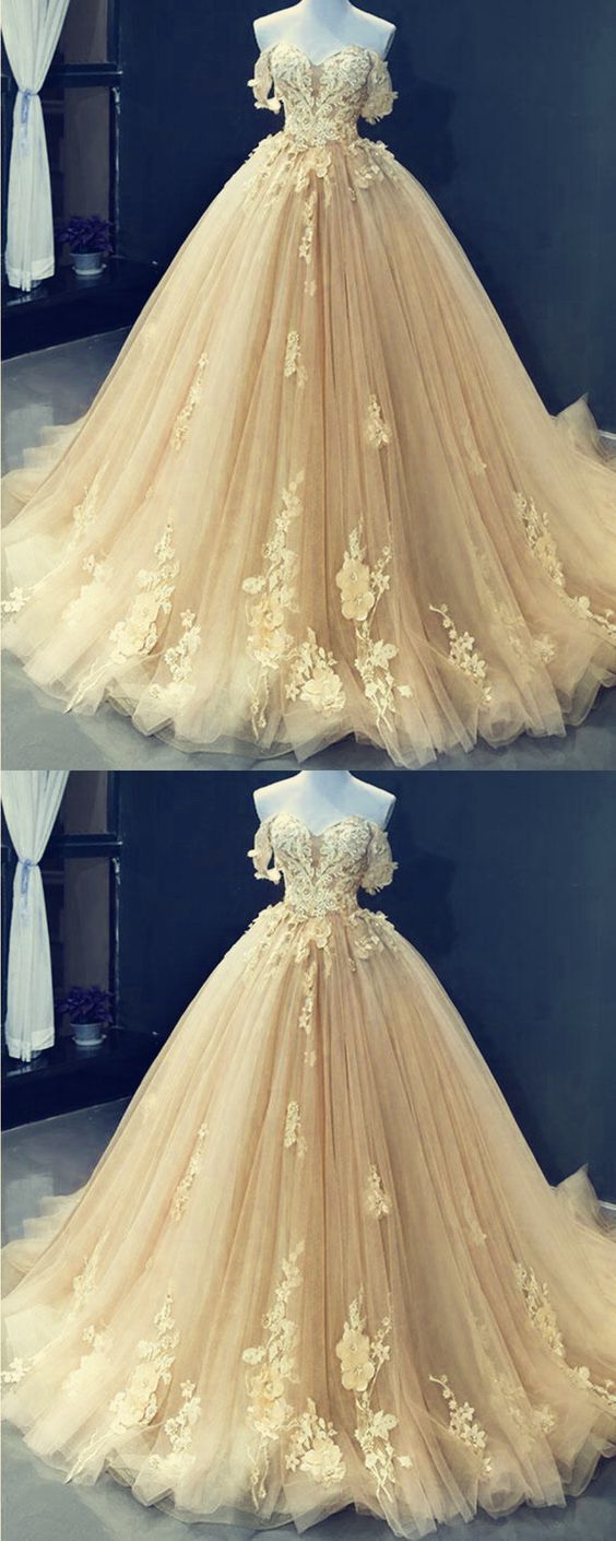 champagne prom dresses tulle princess ball gown lace off shoulder cg13527