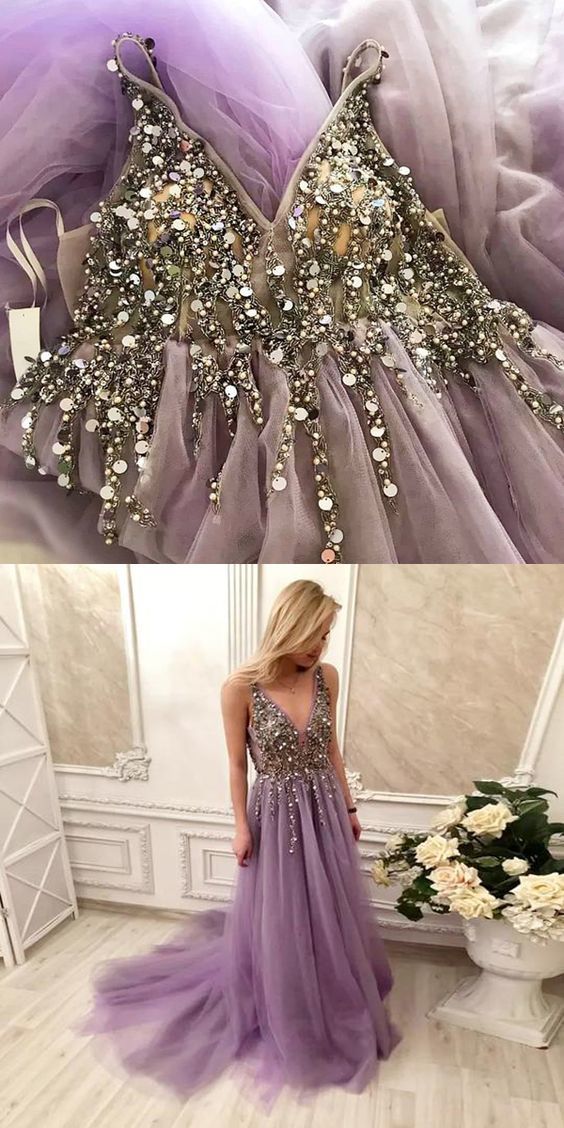 Beaded V Neck Prom Dress Sleeveless Evening Dress For Formal Dance Lavender Open Back cg13531