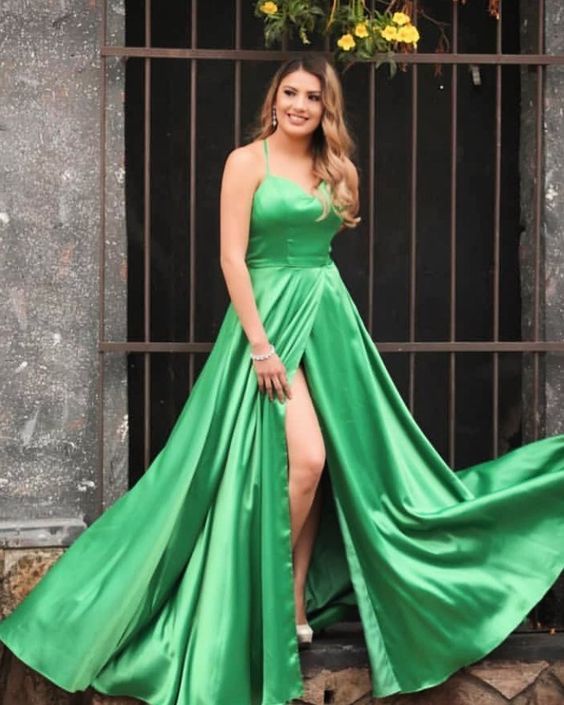 Green Prom Dress,A-Line Evening Dresses,Satin Prom Dresses,Spaghetti Straps Prom Gown cg13540