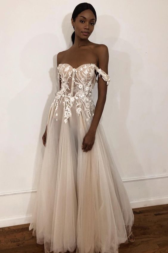See-Through Off Shoulder Ivory Long Wedding prom Dress with Appliques cg13557