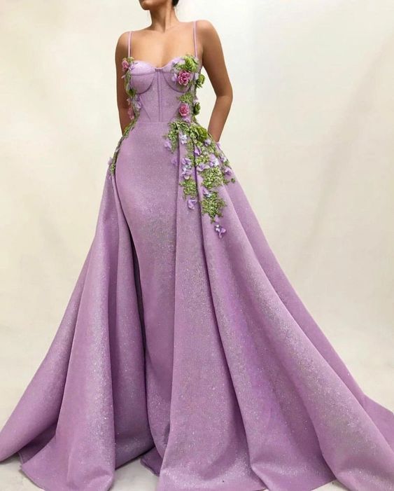 Lilac Glitter Flowers Prom Dresses 2021 Spaghetti Straps Sweetheart Formal Evening Party Dress cg13559
