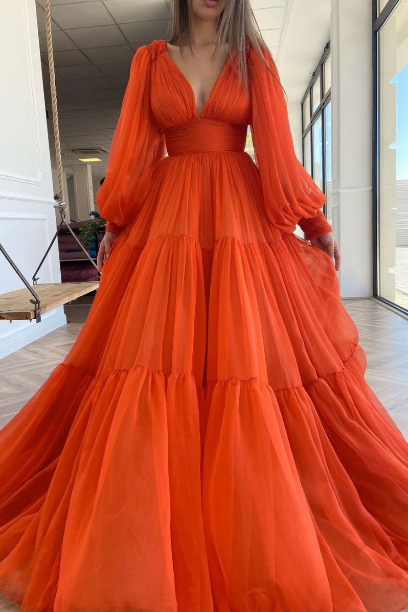 Orange v neck chiffon long prom dress orange evening dress cg13567